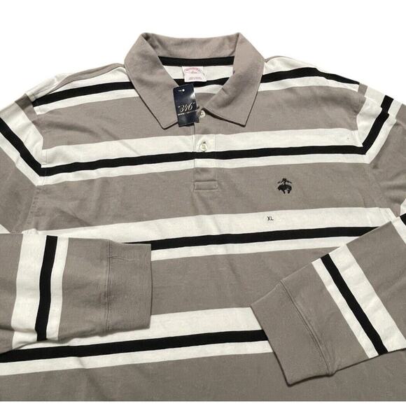 NWT Brooks Brothers 346 LS Polo Shirt Fleece Logo Stripes Gray & Navy XL Men - Picture 1 of 9